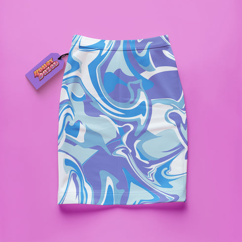 a blue and white skirt on a pink background